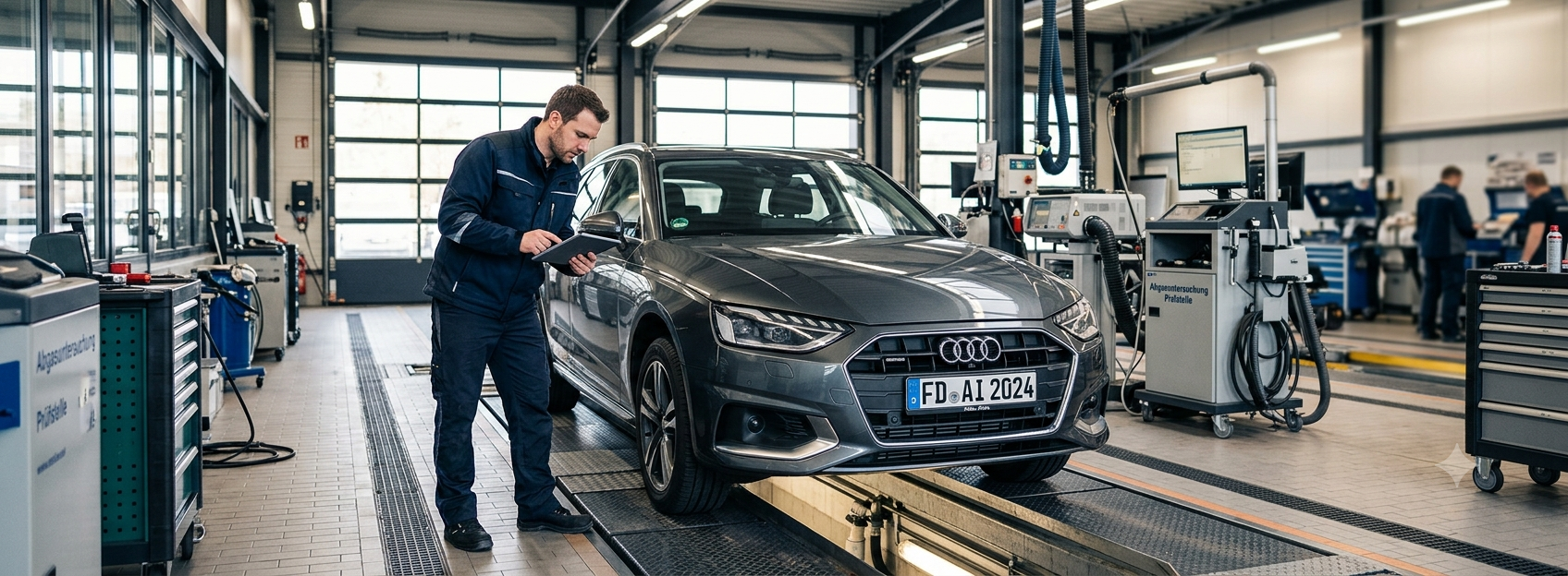 HU and AU Explained: Germany's Vehicle Inspection Guide Vehicle inspector performing a HU and AU inspection on a passenger car at a German vehicle testing station.
