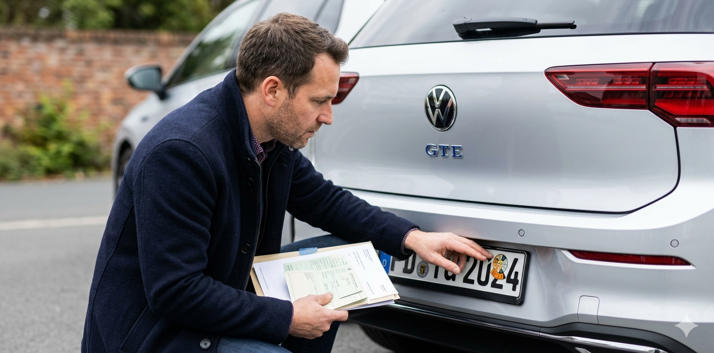 How Often Is TÜV Required in Germany? Understanding Inspection Intervals Vehicle owner checking a German TÜV inspection sticker on a car license plate to verify the next vehicle inspection date.