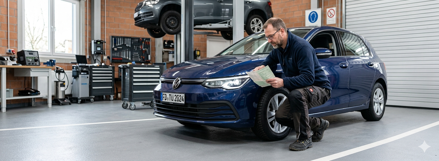TÜV Checklist Germany: Preparing for the Periodic Technical Inspection A car owner checks his vehicle's lighting and tires before a TÜV inspection appointment in Germany.