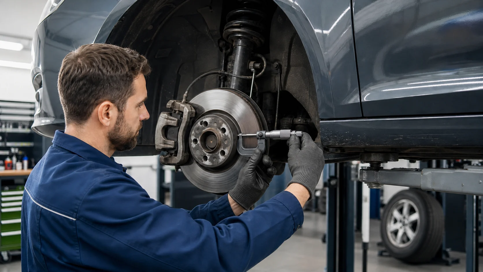 Bremsen professionell prüfen und Warnzeichen einordnen Techniker misst die Dicke einer Bremsscheibe mit einem Bremsen-Mikrometer am sicher angehobenen Fahrzeug