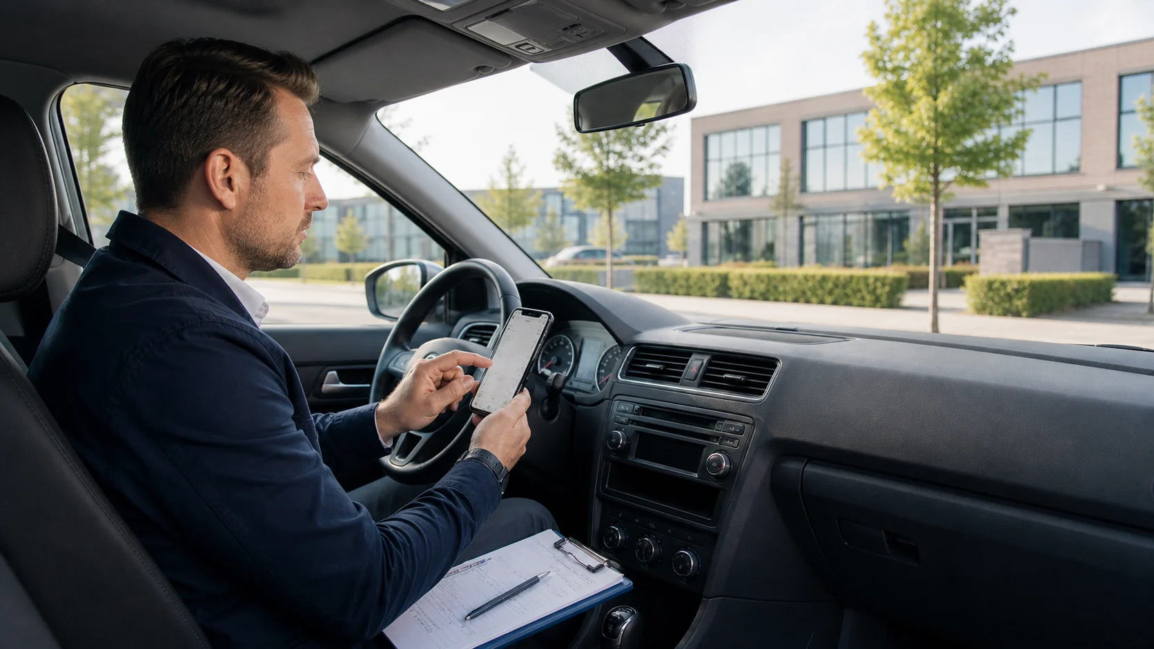 Digital mileage log for drivers and small fleets in Germany Driver records a completed journey digitally after safely parking a left-hand-drive car
