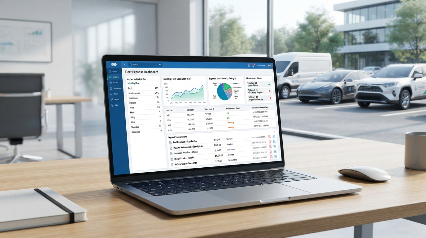 Best Way to Manage Vehicle Expenses Digitally | Smart Fleet Expense Management Dashboard showing digital vehicle expense management with fuel costs, maintenance records, receipts, insurance documents, and fleet expense tracking for business vehicles.