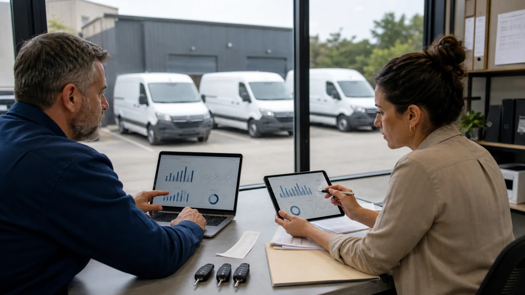 Digital fleet expense workflow, controls and KPI review Fleet manager and accountant reviewing generic expense charts on digital devices in an office overlooking unbranded service vans