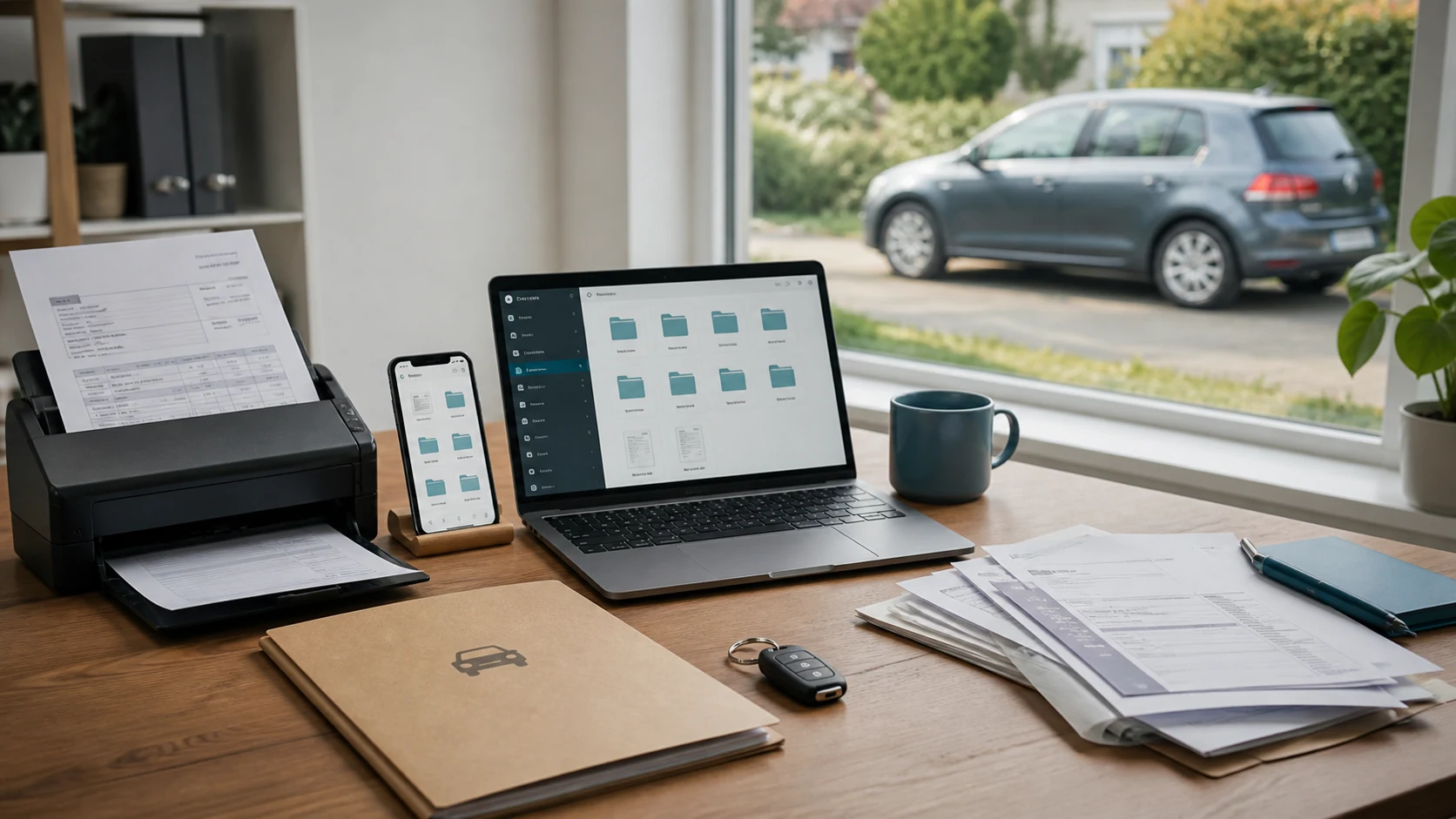 A practical system for organizing vehicle documents digitally Desk with a scanner, laptop, smartphone, vehicle papers and car key while an unbranded car is visible outside