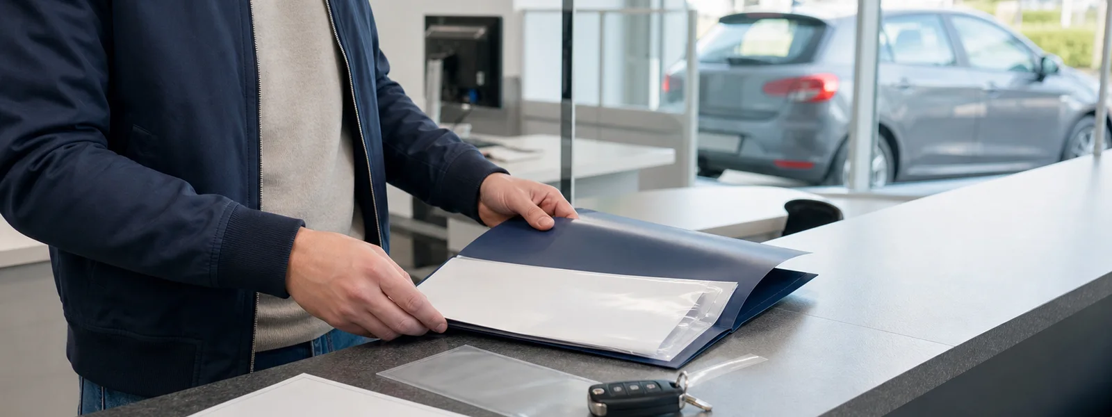 Registering a Car in Germany: Documents, Costs and the Kfz Registration Process Vehicle owner prepares blank registration documents and a car key at a German registration office.