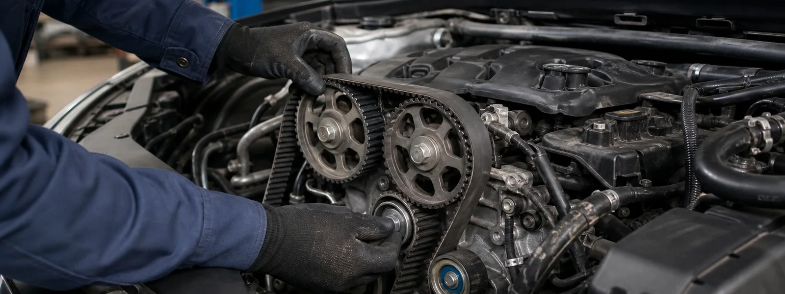 Zahnriemen wechseln: Intervalle, Kosten und Warnzeichen Mechaniker prüft Zahnriemen und Riemenscheiben im Motorraum eines Autos.