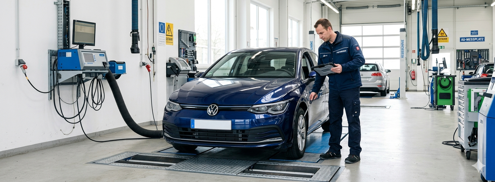 HU und AU in Deutschland: Fahrzeugprüfung beim TÜV erklärt Mechaniker und Prüfer kontrollieren ein Auto während der Hauptuntersuchung (HU) und Abgasuntersuchung (AU) in Deutschland in einer TÜV-Prüfstelle.