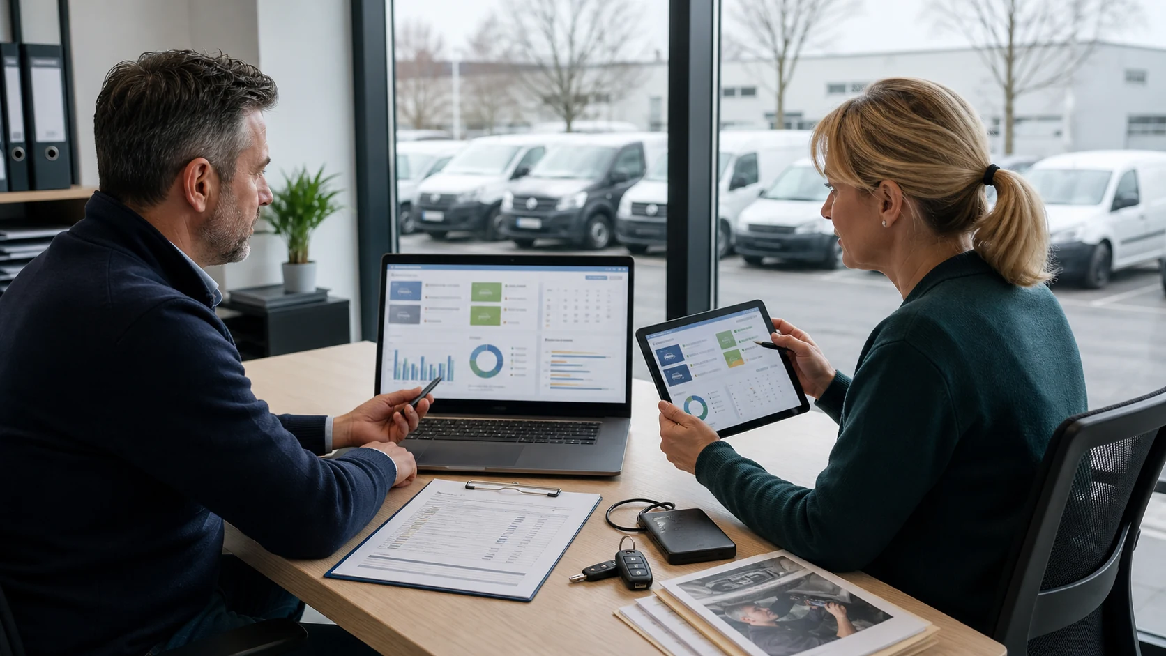 How to choose and compare vehicle management software Two managers comparing vehicle management software with a practical evaluation scorecard