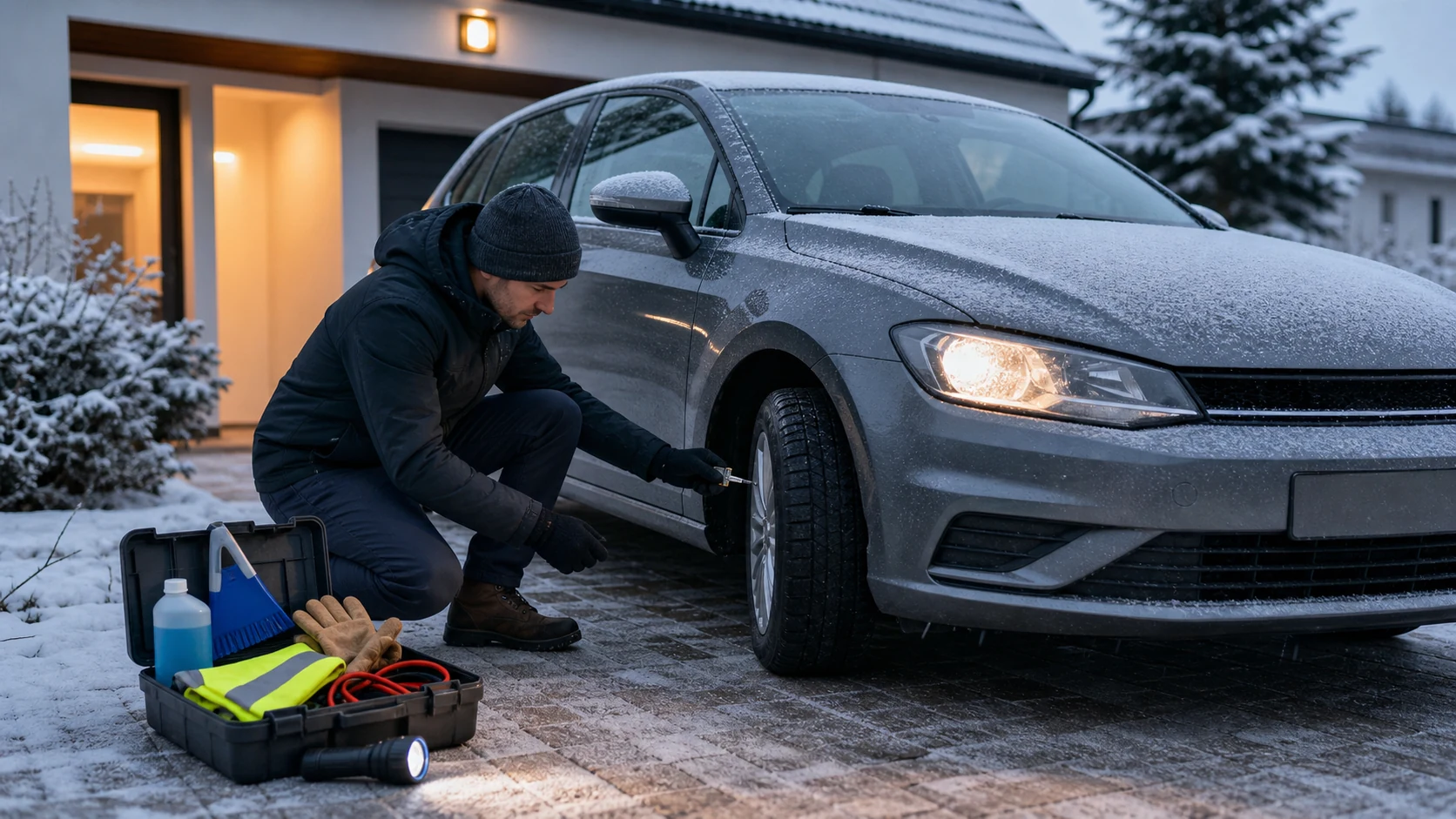Mit 15 Prüfungen das Auto in Deutschland winterfest machen Fahrer prüft das Reifenprofil eines Kompaktwagens in einer verschneiten deutschen Einfahrt; Winterausrüstung liegt griffbereit